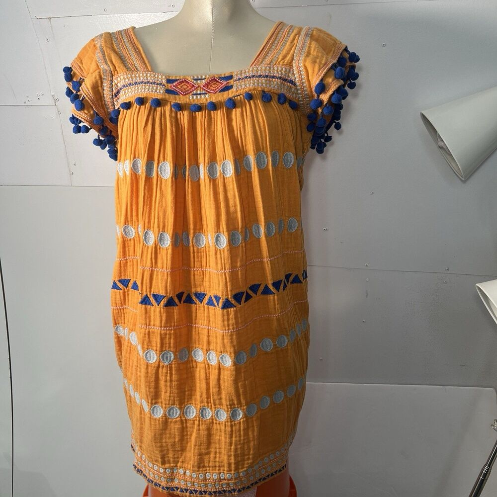 Mer St. Barth Light Blue Pink Embroidered Tassel Shift Dress Strappy Size M